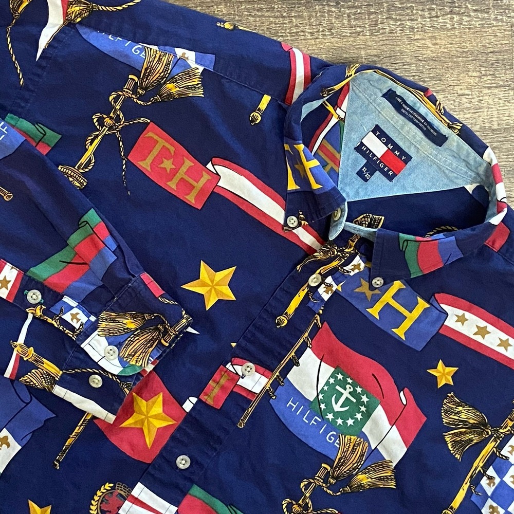 Tommy Hilfiger Shirt Men's XL Vintage Nautical 90s Preppy Coastal Long Sleeve‎